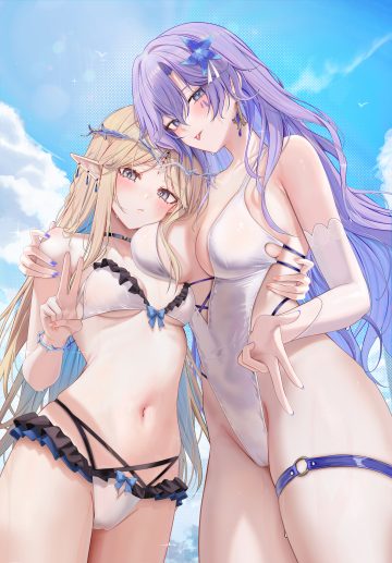 ru zhai wuthering waves cantarella cartethyia bikini cameltoe garter pointy ears swimsuits tattoo wet