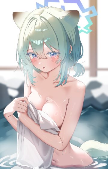 drawing flover blue archive mayoi shigure animal ears halo naked onsen see through tail towel wet