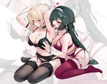 2girls astra yao black hair blonde hair blush bra braids breast grab breasts chela77 choker cleavage evelyn chevalier garter belt headband heart long hair navel necklace panties purple eyes red eyes short hair stockings underwear wet wristwear yuri zenless zone zero zoom layer