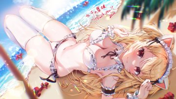 animal ears beach bikini blonde hair blush bow breasts catgirl cleavage clouds flowers headdress lolita fashion long hair original red eyes signed sky swimsuit thighhighs water wristwear yam (yamap mako)
