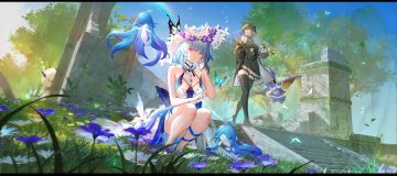 2girls 3d animal bird black hair blue hair boots breasts butterfly choker dress female rover (wuthering waves) flowers gloves grass headdress leaves no bra purple eyes rainbow ribbons ruins shorekeeper (wuthering waves) short hair sky swd3e2 thighhighs underboob wuthering waves yellow eyes zettai ryouiki