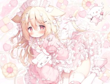 aliasing animal bell blonde hair blush bow cat catgirl dress flat chest food garter belt headdress koma momozu loli lolita fashion long hair nurse original pink eyes ribbons signed stockings tail twintails wings