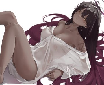 black hair blue archive blush breasts dark skin erect nipples halo kakudate karin long hair naked shirt navel nipples no bra renge (730) see through shirt tattoo white yellow eyes