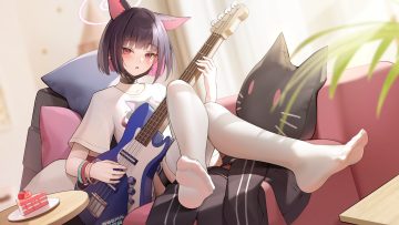 animal ears black hair blue archive blush cake catgirl choker couch flat chest food fruit garter guitar halo instrument kyouyama kazusa mask pink eyes short hair strawberry thighhighs wristwear zhenli-mari
