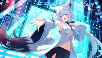 animal ears aqua eyes blush braids breasts foxgirl gray hair hololive long hair navel shirakami fubuki shorts tail togemaru34
