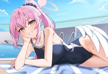 blue archive breasts close clouds halo long hair misono mika noa (noa01010) pink hair ponytail pool sky swimsuit towel water wings yellow eyes