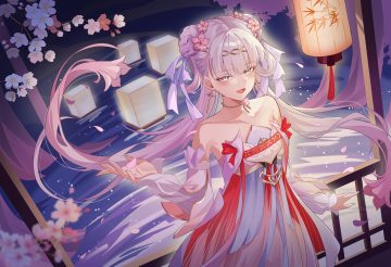 blush braids cherry blossoms chinese clothes choker dress flowers gray eyes headband jinhsi (wuthering waves) laosi j long hair petals twintails water white hair wuthering waves