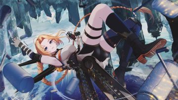 ass bike shorts blonde hair blue eyes boots braids clouds dungeon and fighter elbow gloves female spitfire (dnf) garter gimyogi gloves kneehighs long hair mechagirl ponytail shorts sky thighhighs weapon wristwear