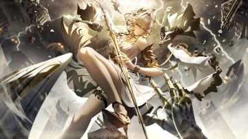 aglaea (honkai: star rail) blonde hair breasts building choker cleavage clouds dress garter green eyes headdress honkai (series) honkai: star rail junpaku karen magic ruins short hair sideboob sky sword tattoo weapon wristwear