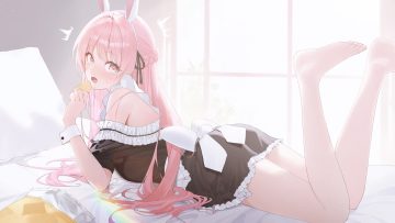 animal ears apron barefoot bed blush bow braids bunny ears bunnygirl dress food headband long hair maid original pasta (sanyan) pink eyes pink hair tail wristwear
