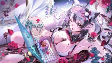 aliasing animal ears bath bathtub blush breasts chocolate cleavage collar computer fang fangwan flowers leaves long hair mask original paper petals pink eyes rose rubber duck valentine wink