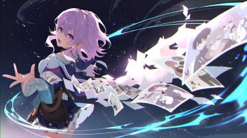bow choker dress honkai (series) honkai: star rail march 7th (honkai: star rail) menomanome pink hair purple eyes short hair stars