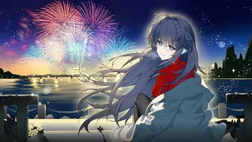 aqua eyes arknights astesia (arknights) blue hair blush braids fireworks long hair night pantyhose sky srpzk water