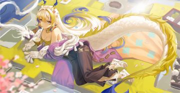 amam (64943468) arknights breasts cherry blossoms choker cleavage drink flowers food grass gray eyes horns long hair necklace pointed ears sake shu (arknights) tail water white hair