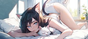 animal animal ears ass barefoot bed black hair blue eyes cat catgirl long hair original panties sr911656337775 tail underwear