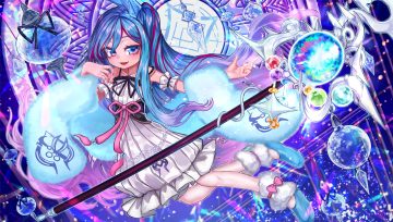 blue eyes blue hair bow corset dress fuji tarawi loli long hair ponytail staff witchcrafter madame verre yu-gi-oh