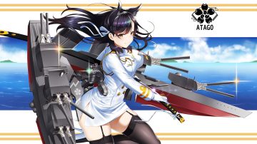 animal ears anthropomorphism atago (azur lane) azur lane black hair breasts brown eyes clouds foxgirl gloves kagiyama (clave) long hair mechagirl military sky sword thighhighs uniform water weapon zettai ryouiki
