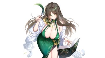 book breasts brown hair cleavage cropped dress eternal return: black survival green eyes gweon sua long hair necklace third-party edit white yuon 6262