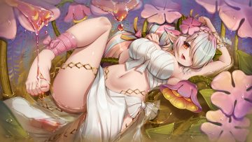 aliasing barefoot bow breast hold breasts cleavage fang flowers gray hair long hair navel pointed ears ponytail red eyes ribbons skirt spread legs traptrix pinguicula umou (may65879) water yu-gi-oh