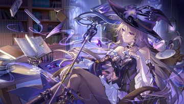 book boots brown hair choker dress drink hat herta (honkai: star rail) honkai (series) honkai: star rail kongzao long hair magic necklace pantyhose purple eyes staff witch witch hat