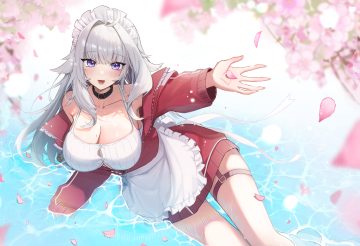 apron breasts cherry blossoms cleavage collar ember amane flowers garter gray hair headdress hovaku long hair petals phase connect purple eyes ribbons water