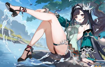 black hair breasts cameltoe chinese clothes clouds garter genshin impact headband kkkula (kula) lan yan (genshin impact) long hair panties purple eyes sideboob skirt sky tree underwear water wristwear