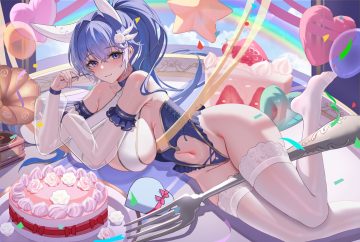 aliasing animal ears anthropomorphism azur lane blue eyes blue hair blush breasts bunny ears bunnygirl cake cat smile cleavage food fruit leotard long hair navel new jersey (azur lane) ponytail see through strawberry thighhighs yijiufantexi