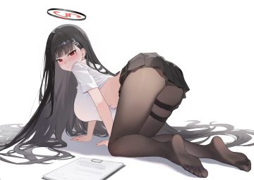 ar-gand ass black hair blue archive blush breasts garter halo long hair pantyhose paper red eyes shirt lift skirt tsukatsuki rio white
