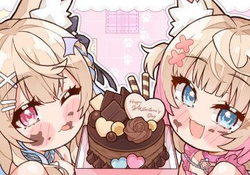 2girls animal ears blonde hair blue eyes blush braids cake cat smile chocolate choker close doggirl fang food fuwawa abyssgard hololive kukie-nyan mococo abyssgard pink eyes short hair twins valentine wink