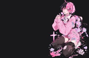 all male bandage bandaid black blush bow candy choker cross doll drink eita 789 fang garter lollipop male original pink eyes shirt short hair tail thighhighs third-party edit torn clothes wand zettai ryouiki