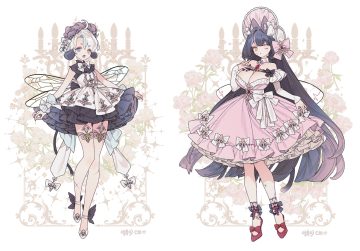 2girls animal ears bandaid bicolored eyes black hair bow breasts cat smile choker cleavage dress flat chest flowers garter goth-loli headdress lemon89h lolita fashion long hair original scar short hair white white hair wings wristwear