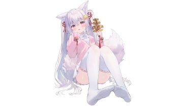 animal ears bell blush bow cat smile fang foxgirl gray hair inari hinano long hair pink eyes rucaco school uniform skirt tail thighhighs third-party edit twintails wand white