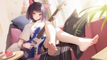 animal ears barefoot black hair blue archive blush cake catgirl choker couch flat chest food fruit garter guitar halo instrument kyouyama kazusa mask pink eyes short hair strawberry wristwear zhenli-mari