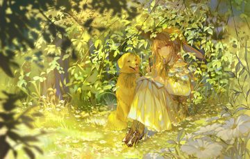 animal book bow brown hair dog dress flowers grass hat leaves long hair orange eyes original ribbons shade signed socks sumi 0525 tree