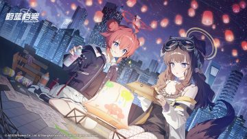 2girls aliasing animal ears black hair blue archive blue eyes blush breasts building city cleavage collar computer doggirl goggles halo hood konuri maki logo long hair nekozuka hibiki night paper red hair school uniform shirt short hair shorts skirt sky socks stars stockings tagme (artist) tail tie twintails watermark