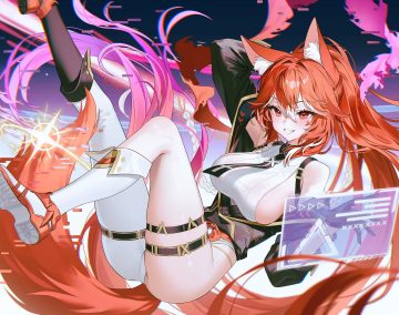 animal ears blush boots breasts foxgirl fymrie garter gloves long hair no bra original ponytail red eyes red hair sideboob tail tie