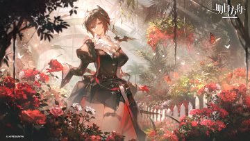 animal arknights bat brown hair butterfly entelechia (arknights) flowers gloves goth-loli logo lolita fashion pointed ears red eyes renjian shilian rose shorts solo watermark