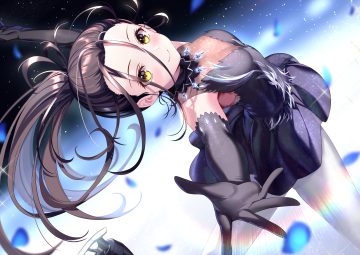 black hair blush breasts cleavage close dress elbow gloves gloves kamisaki hikaru ldfe mk2 long hair medalist pantyhose petals ponytail see through sport yellow eyes