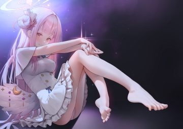 barefoot blue archive blush bow cape dress halo long hair misono mika panties pink hair see through underwear upskirt wings yellow eyes zhenli-mari