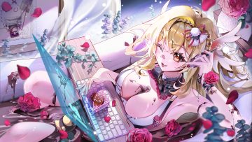 aliasing bath bathtub blonde hair blush braids breasts chocolate cleavage collar computer fang fangwan flowers leaves long hair original paper petals red eyes rose rubber duck valentine wings wink