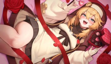 all male aqua eyes blonde hair blush bow bridget candy chocolate dress flowers gloves guilty gear hakusyokuto headdress hood male nun otoko no ko petals ribbons rose valentine