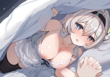 bed blush breasts cleavage close firefly (honkai: star rail) gray hair headband honkai (series) honkai: star rail kkkula (kula) long hair nipples purple eyes pussy juice see through signed thighhighs zettai ryouiki