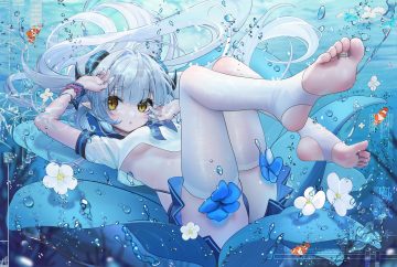 animal barefoot blush breasts bubbles cameltoe fh moya fish flowers gray hair horns long hair no bra original panties pointed ears school uniform shirt shirt lift thighhighs underboob underwater underwear water wristwear yellow eyes