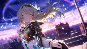 blush building city close clouds dress firefly (honkai: star rail) gloves gray hair headband honkai (series) honkai: star rail long hair shuimonianhua sky sunset