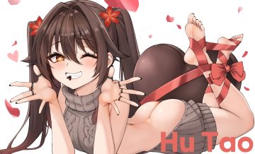 ass barefoot blush bow brown hair chocolate close genshin impact heart hu tao (genshin impact) long hair nahanmin nopan orange eyes ribbons twintails valentine white wink