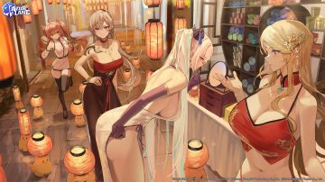 animal anthropomorphism azur lane bird blonde hair blue eyes breasts brest (azur lane) brown hair chinese clothes choker cleavage dress elbow gloves fu shun (azur lane) gloves group hidulume jean bart (azur lane) kearsarge (azur lane) logo long hair manjuu (azur lane) mirror necklace pink eyes ponytail purple eyes red hair sideboob tattoo thighhighs tie twintails watermark white hair wristwear zettai ryouiki