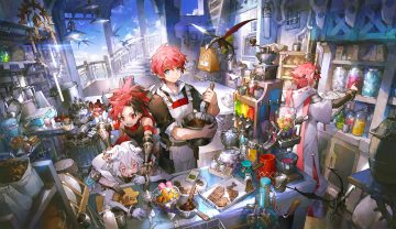 all male apron armor blue eyes bodysuit chocolate clouds dragon elbow gloves elsword elsword (character) gloves group headband hood horns male pointed ears red eyes red hair scarf scorpion5050 shirt short hair sky stairs tagme (character) valentine white hair wristwear