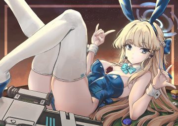 animal ears asuma toki blonde hair blue archive blue eyes blush bow braids breasts bunny ears bunnygirl cleavage headband headphones leotard long hair microphone persocon93 thighhighs wristwear