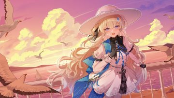 animal bird blonde hair blush boat bow clouds dress gloves hat laosi j long hair pantyhose phoebe (wuthering waves) purple eyes sky sunset water wuthering waves