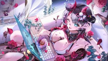 aliasing aqua eyes bath bathtub black hair blush breasts chocolate cleavage collar computer fang fangwan flowers horns leaves long hair original paper petals rose rubber duck valentine wink